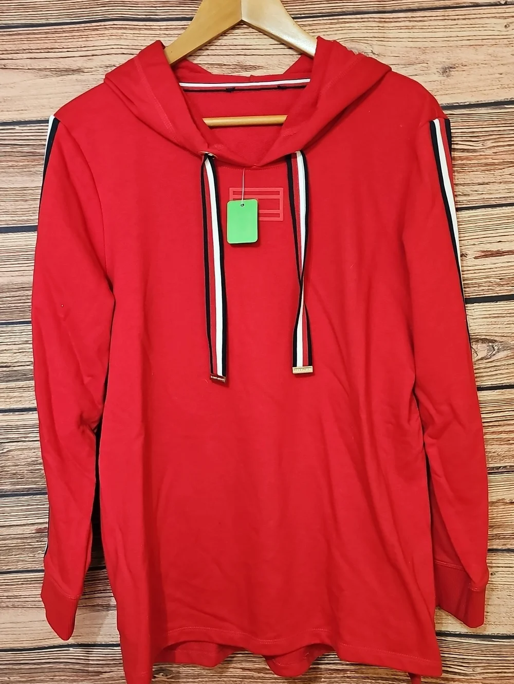 Women's Tommy Hilfiger Red Hooded Long-Sleeve Shirt with Stripe Drawcords